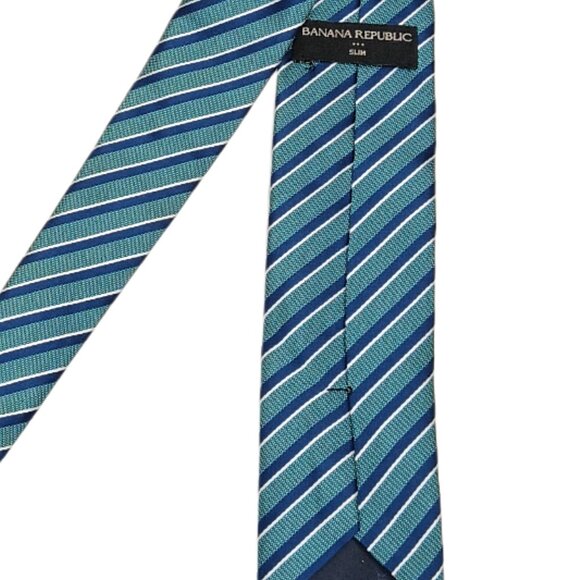 Banana Republic Slim Repp Tie Men’s 62” Green Blue Ribbon Stripe Preppy New - Picture 4 of 4